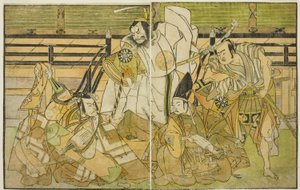 Herci Nakamura Denkuro II jako Seno-o Taro, Ichikawa Komazo II jako Yorimasa, Nakamura Nakazo I jako Taira no Kiyomori a Ichikawa Danjuro V jako Kiou Takiguchi (zprava doleva), ve hře Play Nue no Mori Ichiyo no Mato, Hraje v Nakamurovo divadlo v tl od Katsukawa Shunsho