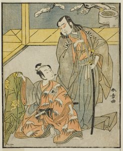 Herci Nakamura Denkuro II jako Suma no Dairyo (vpravo) a Ichikawa Komazo II jako Ariwara no Yukihira (vlevo), ve hře Kuni no Hana Ono no Itsumoji, představení v divadle Nakamura v jedenáctém měsíci, 1771 od Katsukawa Shunsho