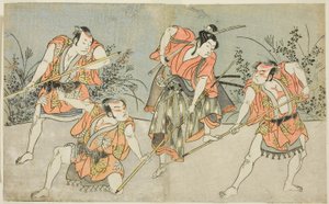 Herci Nakamura Kashiwagi jako Wakashu (druhý zprava) a tři neidentifikovaní herci jako Yakko od Katsukawa Shunsho