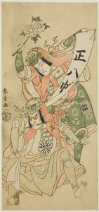 Herci Nakamura Nakazo I a Ichikawa Komazo I v taneční scéně „Shakkyo“ („Kamenný most“) ve hře „Ima o Sakari Suehiro Genji“ („Klan Genji nyní ve svém zenitu“), uvedené v divadle Nakamura od prvního dne jedenáctého měsíce, od Katsukawa Shunsho