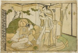 Herci Nakamura Nakazo I jako Taira no Kiyomori (vpravo) a Yamashita Kinsaku II jako Tokiwa Gozen (vlevo) ve hře Play Nue no Mori Ichiyo no Mato, představení v divadle Nakamura v jedenáctém měsíci, 1770 od Katsukawa Shunsho