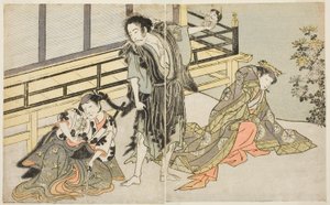 Herci Nakamura Noshio I jako Nyosan no Miya (vpravo), Ichikawa Danjuro V jako renegátský mnich Yochin (uprostřed) a Yamashita Kinsaku II jako služka Mutsuhana (vlevo), ve hře Fuki Kaete Tsukimo Yoshiwara, představení v divadle Morita v jedenáctce od Katsukawa Shunsho