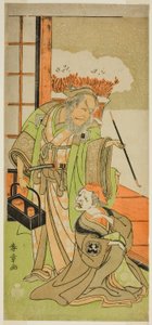 Nakamura Utaemon I jako Karashi Baba (vpravo) a Ichikawa Danjuro IV jako Sanshodayu (vlevo) ve hře Kawaranu Hanasakae Hachi no Ki od Katsukawa Shunsho