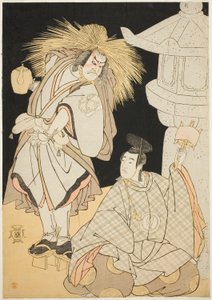 Herci Nakayama Kojuro VI jako Osada Taro Kagemune (ve skutečnosti Hatcho Tsubute no Kiheiji) v masce lampáře ze svatyně Gion (vlevo) a Sawamura Sojuro III jako Komatsu no Shigemori (vpravo), ve třetím dějství z první části Zahrajte si Yukimotsu Take od Katsukawa Shunsho
