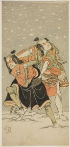 Herci Otani Hiroji III jako Kameo (vpravo) a Sakata Sajuro I jako Ario (vlevo) ve hře Play Hime Komatsu Ne no Hi Asobi, představení v divadle Ichimura v devátém měsíci, 1768 od Katsukawa Shunsho