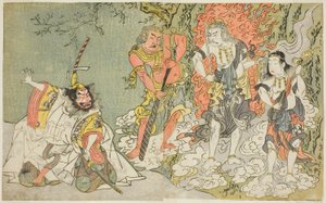 Herci Sawamura Kijuro I jako Ikazuchi Shinno, princ hromu (zcela vlevo), Ichikawa Danjuro V jako buddhistické božstvo Fudo (druhý zleva), Nakamura Sukegoro II jako Seitaka Doji (druhý zprava) a Bando Mitsugoro I jako Kongara Doji (zcela vpravo), v od Katsukawa Shunsho