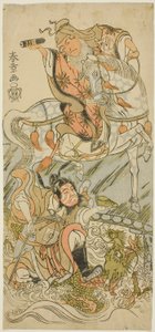 Herci Sawamura Sojuro II jako čínský mudrc Huangshi Gong (na koni) a Ichikawa Danzo III jako čínský válečník Zhang Liang (na drakovi) ve finále hry Otokoyama Yunzei Kurabe (na hoře Otoko, proces síly v kreslení od Katsukawa Shunsho