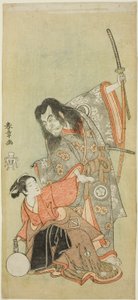 Herci Sawamura Sojuro II jako kněz Shunkan a Azuma Tozo II jako Oyasu ve hře "Hime Komatsu Ne no Hi Asobi (Výlet sbírat sazenice borovice v den krys nového roku)" od Katsukawa Shunsho