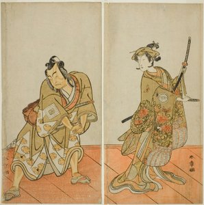The Actors Segawa Kikunojo III as Aigo no Waka (right), and Ichikawa Yaozo II as Hachio-maru Aratora (left), in the Play Chigo Sakura Jusan Kane, Performed at the Ichimura Theater in the Eleventh Month, 1774 od Katsukawa Shunsho