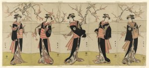 Herci Segawa Kikunojo III jako Karigane Obun, Nakayama Tomisaburo I jako An no Oyasu, Iwai Kiyotaro II jako Kaminari no Osha, Nakayama Tatezo I jako Gokuin no Osen a Ichikawa Monnosuke II jako Hotei no Oichi (zprava doleva) ve filmu Gonin Onna," scéna jedn od Katsukawa Shunsho