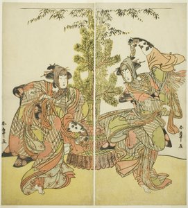 Herci Segawa Kikunojo III jako Yasukata (vpravo) a Iwai Hanshiro IV jako Utou (vlevo) ve hře Godai Genji Mitsugi no Furisode, představení v divadle Nakamura v jedenáctém měsíci, 1782 od Katsukawa Shunsho