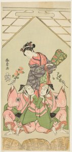 Herci Segawa Kikunojo II jako Mokrá sestra Reizei, Ichikawa Komazo I jako Suruga no Hachiro v masce hráče Shamisen Kichiroku (vpravo) a Ichikawa Yaozo II jako Tada no Kurando v masce nositele Palanquin Kichinai (vlevo), ve scéně od Katsukawa Shunsho