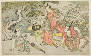 Herci Tomizawa Hanzaburo II jako Nagoya Sanzaemon (často nazývaný Sanza) (vpravo), Nakamura Juzo II jako Fuwa Banzaemon (uprostřed) a Neznámý herec jako kapsář Matsumoto Daishichi (vlevo) ve hře Fuki Kaete Tsukimo Yoshiwara od Katsukawa Shunsho