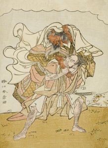 Válečník Omori Hikoshichi nesoucí na zádech démonku, kolem roku 1772 (barevný dřevotisk; chuban) od Katsukawa Shunsho