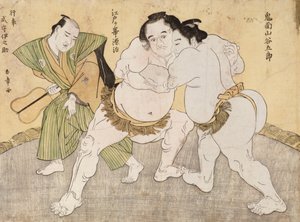 Wrestling Match mezi Kimenzan Tanigoro a Edogasaki Gemji (barevný dřevotisk) od Katsukawa Shunsho