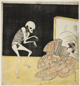 Herci Ichikawa Danjuro V jako kostra, duch renegátského mnicha Seigena (vlevo) a Iwai Hanshiro IV jako princezna Sakura (vpravo), ve hře „Vestiges of Pine and Cherry“