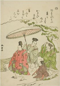 "Tsu": Narihira ve sněhu v Ono, ze série "Tales of Ise v módních brokátových obrázcích (Furyu nishiki-e Ise monogatari)" od Katsukawa Shunsho