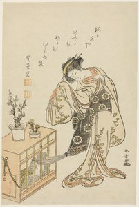 Mladá žena s opicí v kleci (kalendářní tisk na Nový rok 1776) od Katsukawa Shunsho