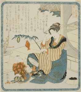 Žena jako Ebisu ze série „Sedm žen jako bohové štěstí pro Klub poezie Hanagasa (Hanagasaren shichifukujin)“