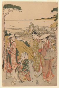 Společnost poutníků z Yedo před čajovnou na kopcích za pláží Futami obdivující výhled, 1795 (barevný dřevotisk)