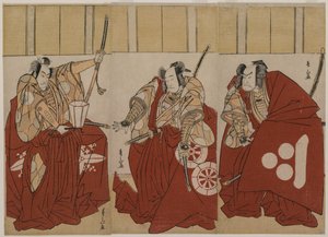 Ichikawa Monnosuke II jako Urabe Suetake, Onoe Matsusuke I jako Usui Sadamitsu a Nakamura Nakazo I jako Watanabe no Tsuna ve filmu Čtyři nebeští králové v kostýmu Noční hlídky