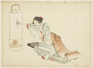 Lady Adjusting a Lamp, c.1815-1849 (inkoust a barva na papíře) od Katsushika (school of) Hokusai