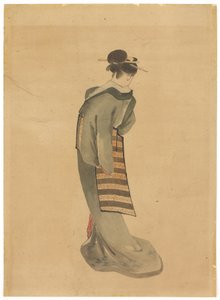 Stojící kráska (pohled zezadu), cca 1850 (inkoust a barva na papíře) od Katsushika (school of) Hokusai