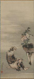 Sedící muž při pohledu na pivoňky v květináči, období Edo (inkoust a barva na papíře) od Katsushika Hokusai