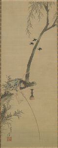 Chlapec lovící ryby z větve stromu, období Edo (tuš a tón na hedvábné desce) od Katsushika Hokusai