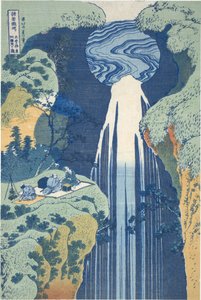 Vodopád Amida hluboko v dálce na silnici Kiso, ze série „Prohlídka vodopádů v různých provinciích“ od Katsushika Hokusai