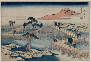 Starověký obrázek Osmidílného mostu v provincii Mikawa (ze série Podivuhodné pohledy na slavné mosty v provinciích) od Katsushika Hokusai