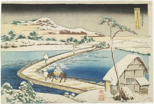 Starobylý pohled na pontonový most v Sano, provincie Ko_zuke, 1833-1834 od Katsushika Hokusai