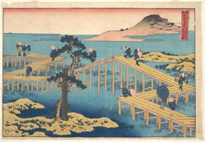 Starobylý pohled na most Yatsuhashi v provincii Mikawa (Mikawa no Yatsuhashi no kozu), ze série „Pozoruhodné pohledy na mosty v různých provinciích“ (Shokoku meikyō kiran) od Katsushika Hokusai