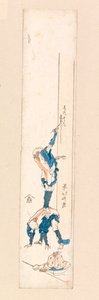 Umělec stojící na zádech muže a píšící na sloup, kolem 1820 (barevný dřevoryt) od Katsushika Hokusai