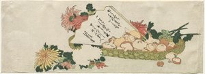 Košík s vějířem, chryzantémami a houbami od Katsushika Hokusai