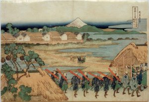 Hora Fuji při pohledu ze Senju a zábavní čtvrti od Katsushika Hokusai
