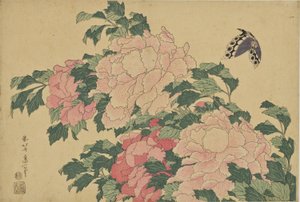 Motýli a pivoňky od Katsushika Hokusai