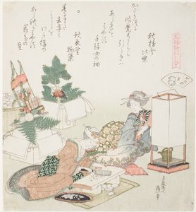 Sekání rýžových dortů, ilustrace k filmu The Board-Roof Shell (Itayagai), ze série "Hra s básněmi z období Genroku (Genroku kasen kai awase)" od Katsushika Hokusai