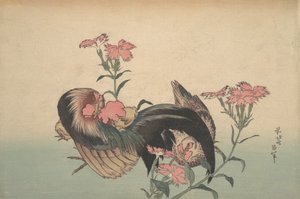 Kohout, slepice a Nadeshiko Dianthus Superbus. od Katsushika Hokusai