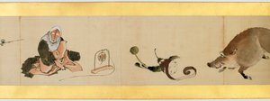 Detail ručního rolování s různými obrázky, období Edo, 1839 inkoust a barva na papíře od Katsushika Hokusai