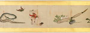 Detail ručního rolování s různými obrázky, období Edo, 1839 inkoust a barva na papíře od Katsushika Hokusai
