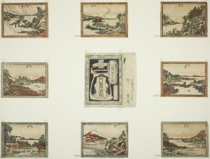 Osm pohledů na Omiho ve stylu leptu (Doban Omi hakkei) a krycí list od Katsushika Hokusai