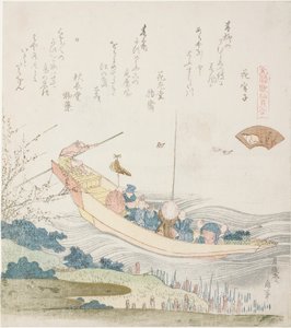 Trajekt na řece Sumida, ilustrace ke Kapitálu Shell (Miyako-gai), ze série "Hra s básněmi z období Genroku (Genroku kasen kai awase)" od Katsushika Hokusai
