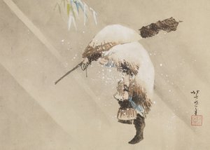 Rybář nesoucí svou síť ve sněhu, c. 1821 (inkoust, barva a gofun na papíře) od Katsushika Hokusai