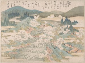 Kvetoucí třešně podél řeky Yoshino od Katsushika Hokusai