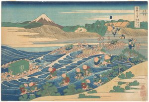 Fudži pohledem z Kanaya na cestě Tōkaidō (Tōkaidō Kanaya no Fuji), ze série „Třicet šest pohledů na horu Fudži“ (Fugaku sanjūrokkei) od Katsushika Hokusai