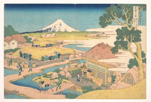 Fuji z čajových plantáží Katakura v Surugě (Sunshū Katakura chaen no Fuji), ze série Třicet šest pohledů na horu Fuji (Fugaku sanjūrokkei) od Katsushika Hokusai