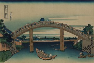 Fuji vidět přes Mannenův most ve Fukagawě, Edo, kolem roku 1830 od Katsushika Hokusai