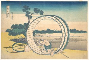 Fujimigahara v provincii Owari (Bishū Fujimigahara), ze série „Třicet šest pohledů na horu Fuji“ (Fugaku sanjūrokkei) od Katsushika Hokusai
