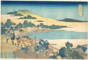 Most Fukui v provincii Echizen (Echizen Fukui no hashi), ze série „Pozoruhodné pohledy na mosty v různých provinciích“ (Shokoku meikyō kiran) od Katsushika Hokusai